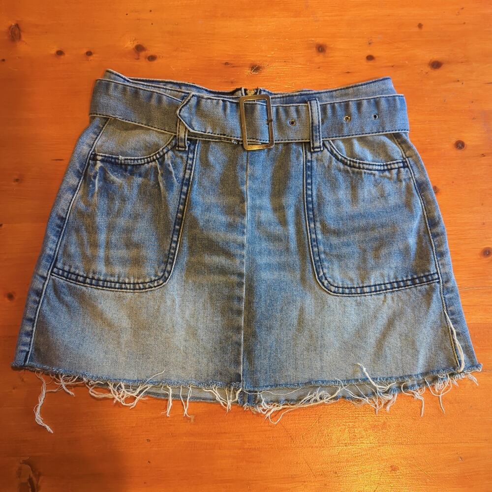 REWASH Denim Mini Skirt Sz 1/25 (S) Y2K Grunge Raw Hem Belted Jean Skirt